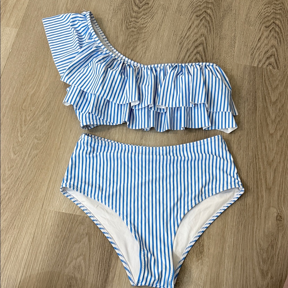 Blue and White Striped One-Shoulder Bikini